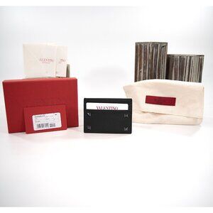 Valentino Rockstud Black Leather Logo Card Case Mini Wallet Red Box NWT